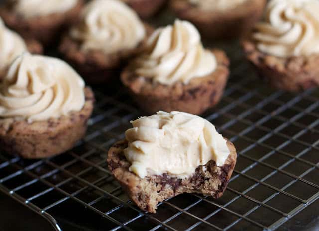 Chocolate Chip Cookie Cups with Peanut Butter Frosting- The Baker Chick