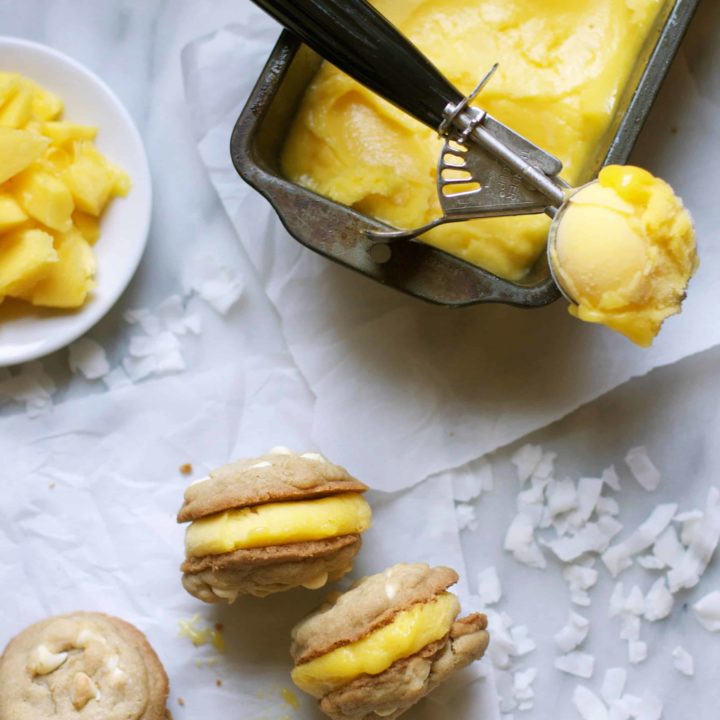 White Chocolate Coconut Cookies with Mango Sorbet