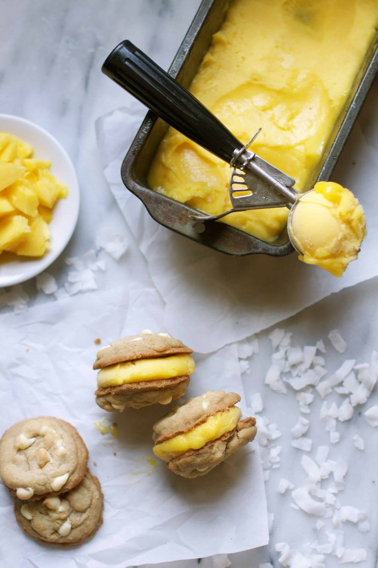 White Chocolate Coconut Cookies with Mango Sorbet