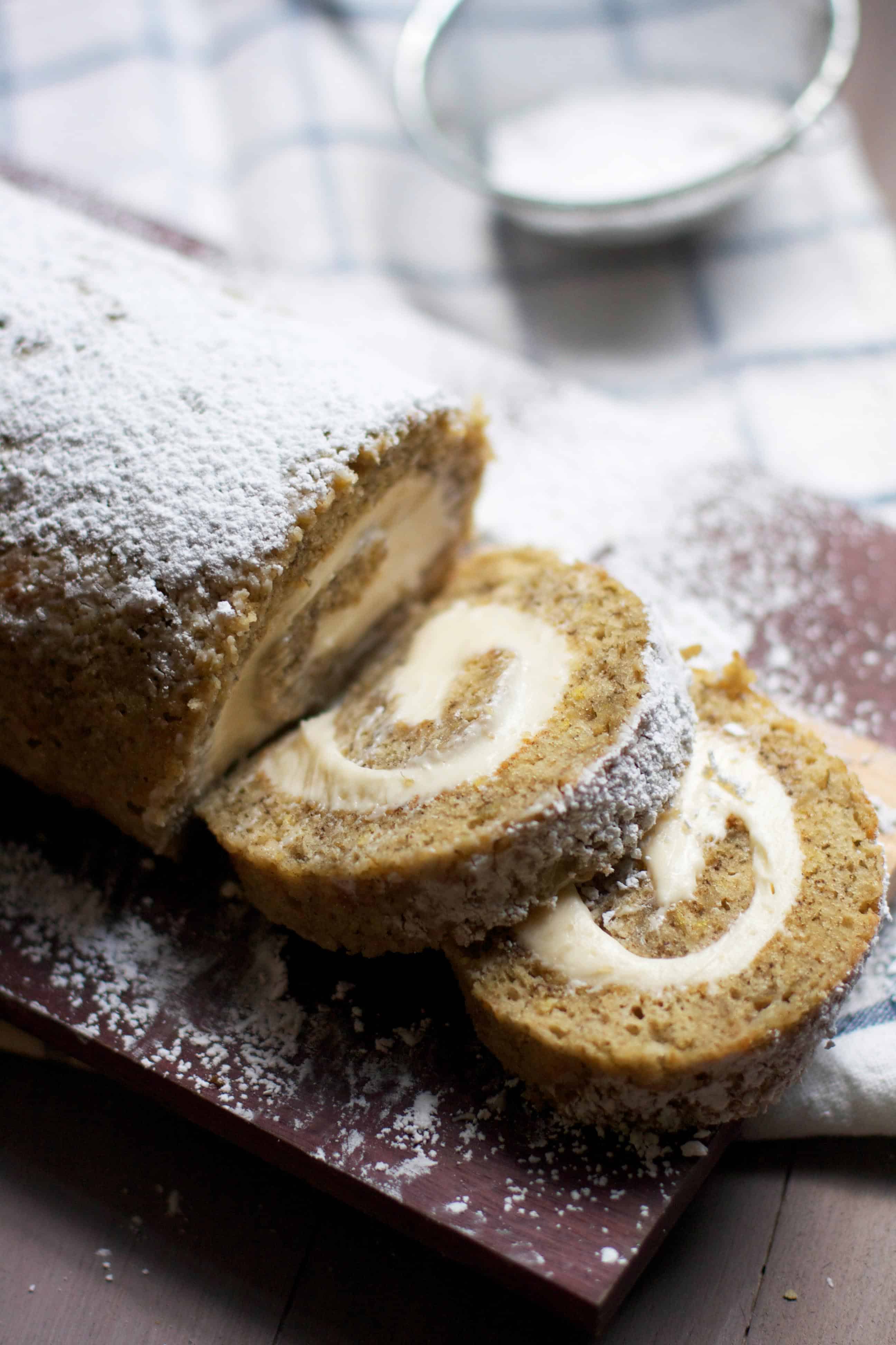 Banana Cake Roll with Caramel Cream Cheese Filling - The Baker Chick