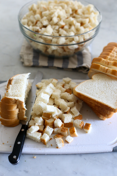 Cubed bread ready to go for stuffing