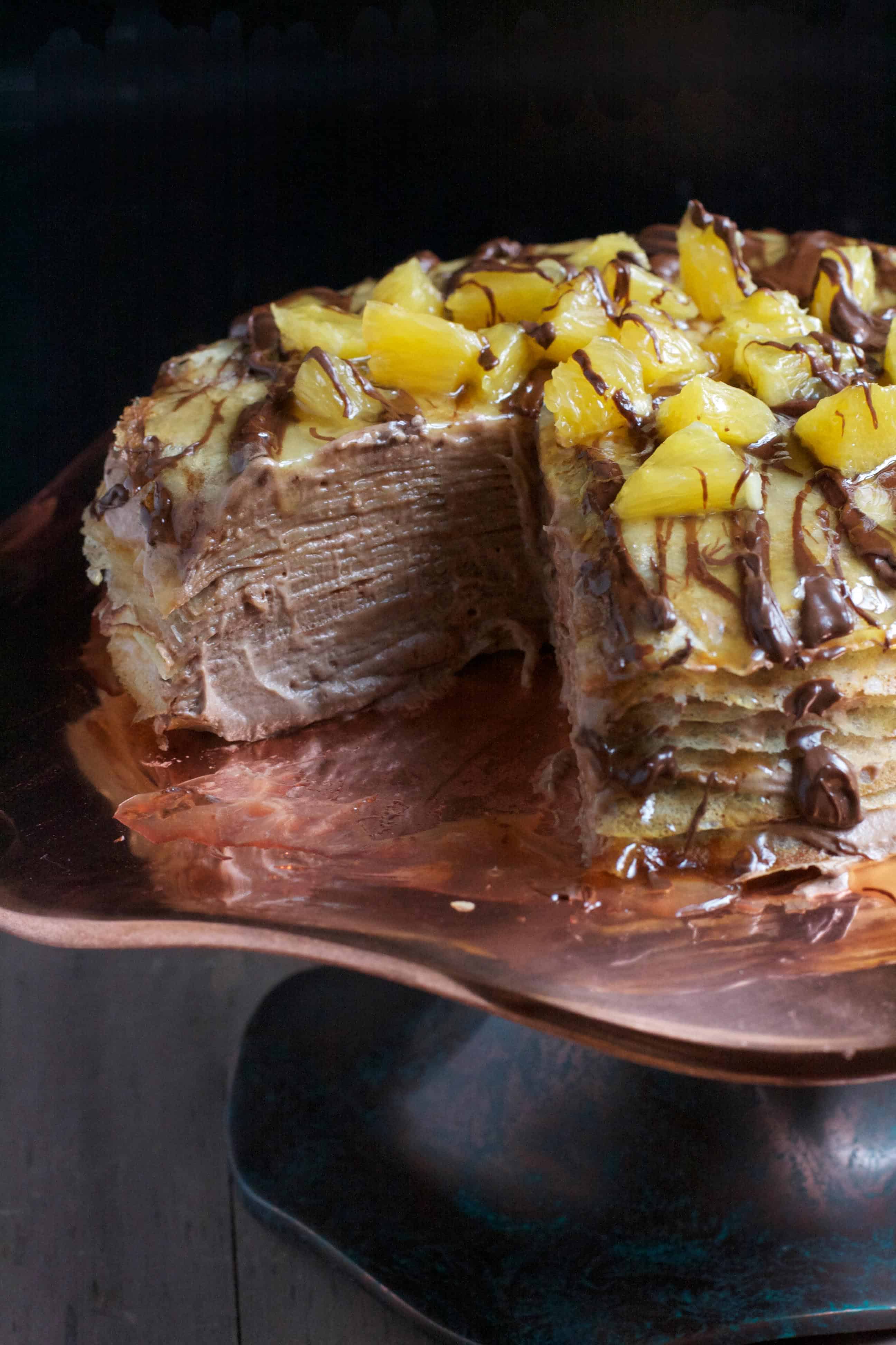 Chocolate Hazelnut Crepe Cake with Orange Frangelico Syrup