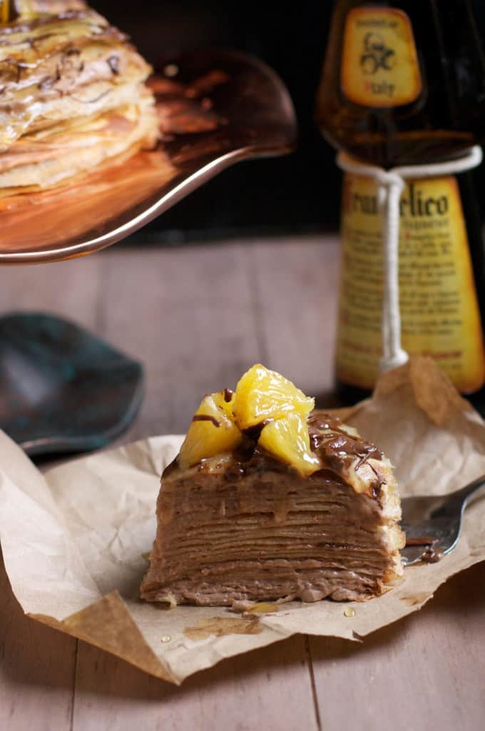 Chocolate Hazelnut Crepe Cake with Orange Frangelico Syrup