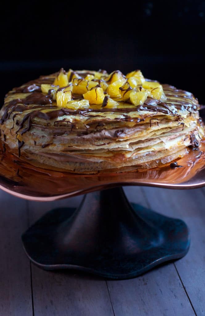 Chocolate Hazelnut Crepe Cake with Orange Frangelico Syrup