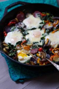 Kale Potato Hash with Baked Eggs and Cheddar