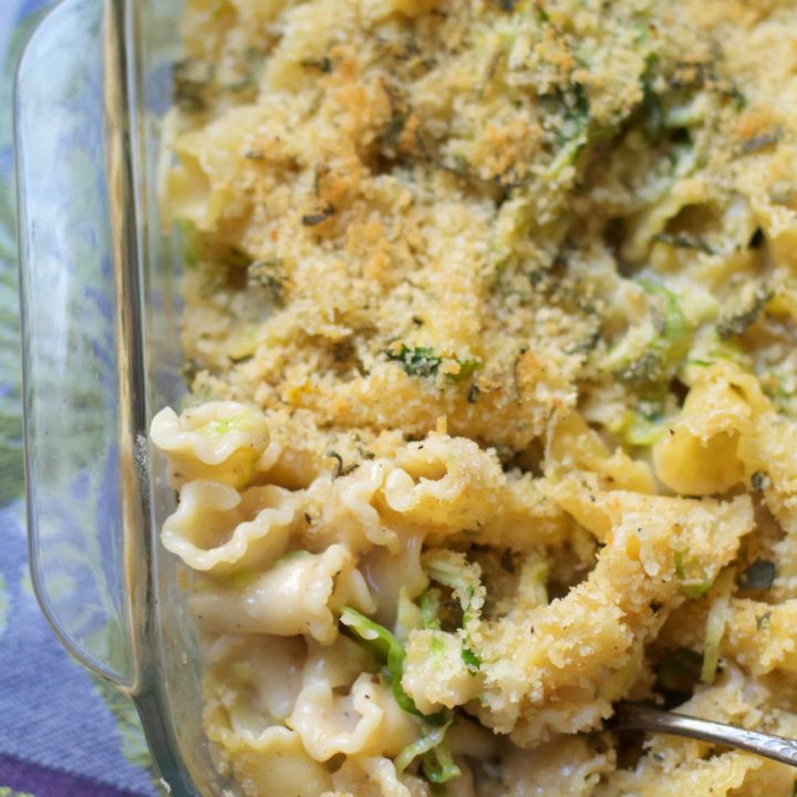 Baked Fontina Pasta with Brussel Sprouts and Sage Breadcrumbs