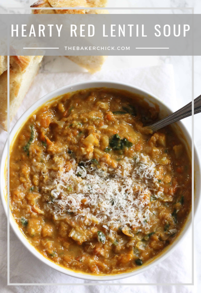 Hearty Red Lentil Soup is the quick and easy dinner idea you've been looking for. It's vegetarian, easily vegan, and so so good! #dinner #vegetarian #lentilsoup #healthydinnerideas