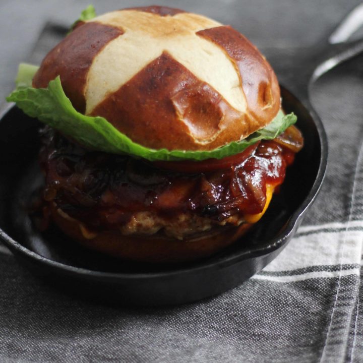 BBQ Chicken Burger with Beer Braised Onions