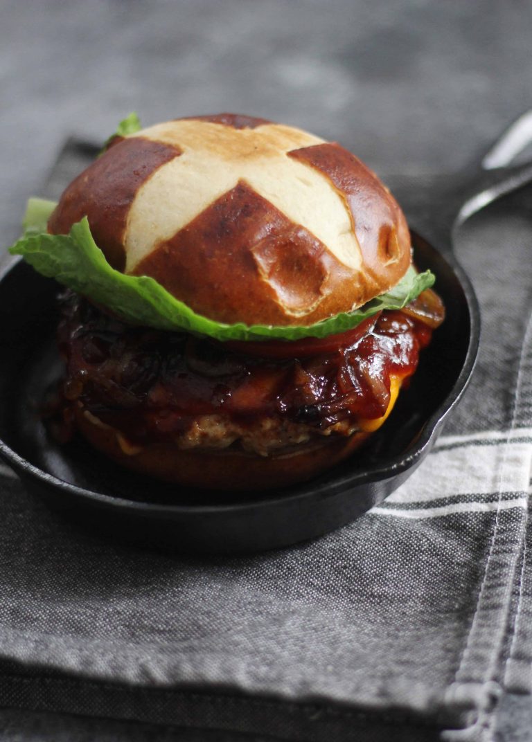 BBQ Chicken Burger with Beer Braised Onions