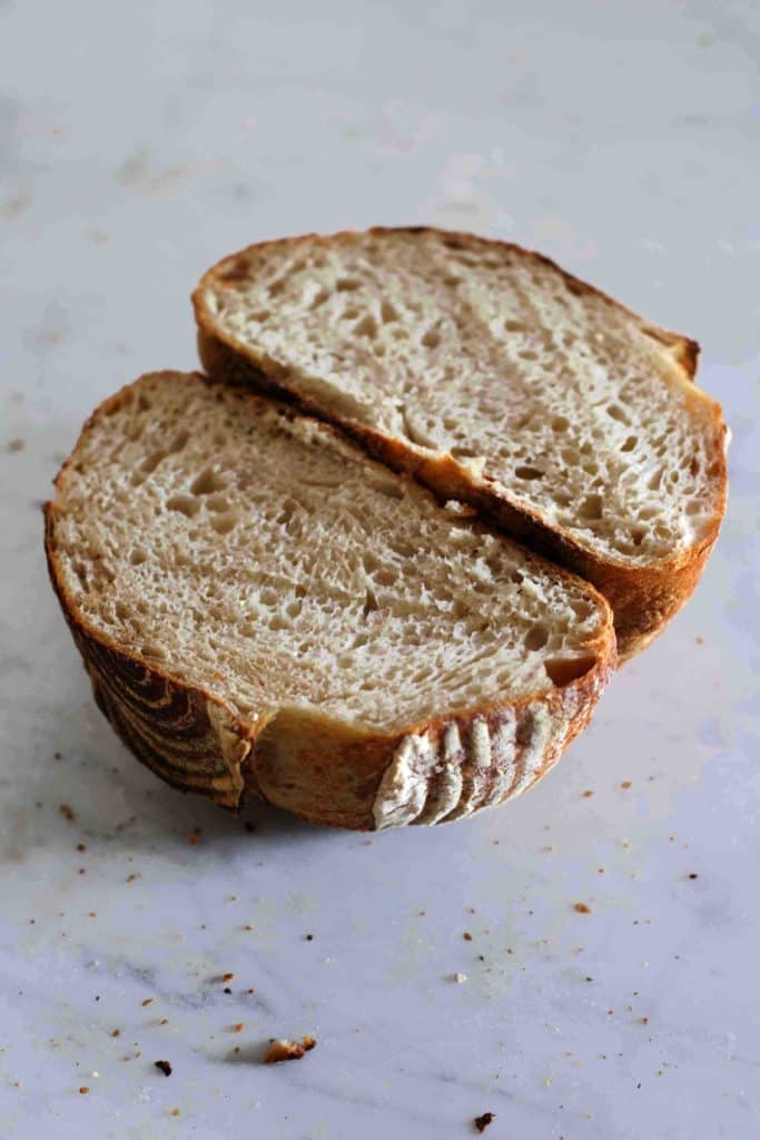 Sourdough loaf cut in half