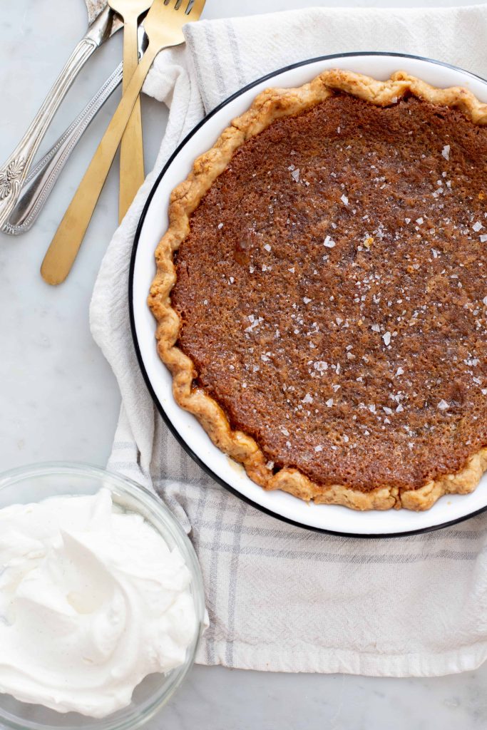 Brown Sugar Pie, a golden pie crust with a brown sugar filling and flakey sea salt.