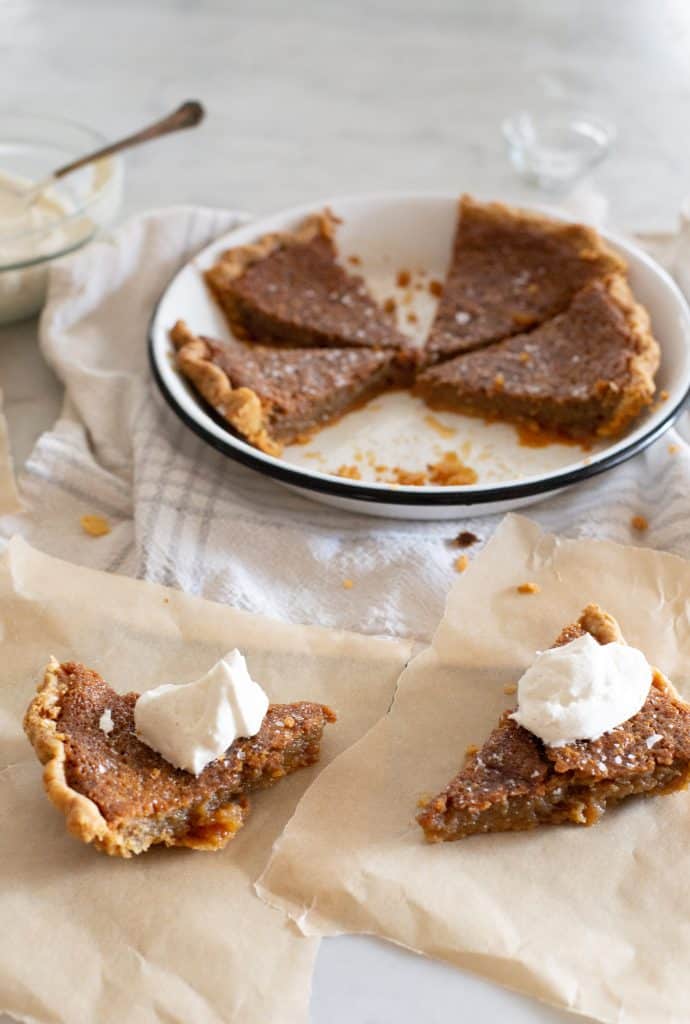 Brown Sugar Pie, a golden pie crust with a brown sugar filling and flakey sea salt.