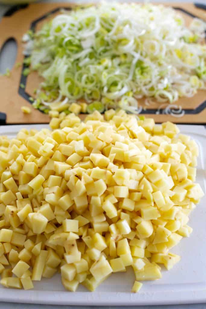 Chopped leeks and diced potatoes